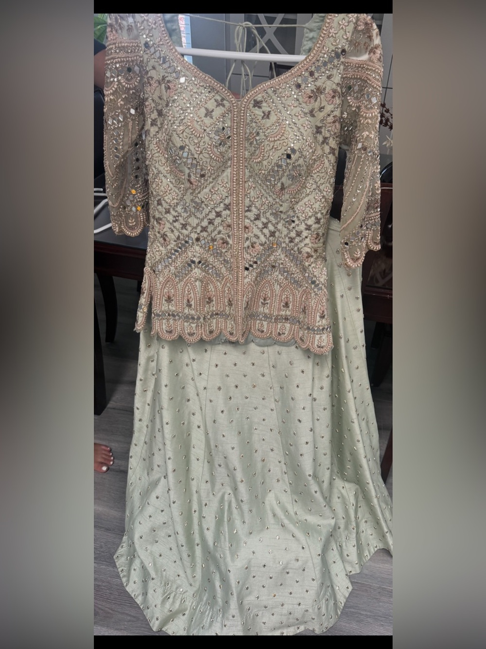 Embroidered Beaded Two-Piece Dress in Soft Sage